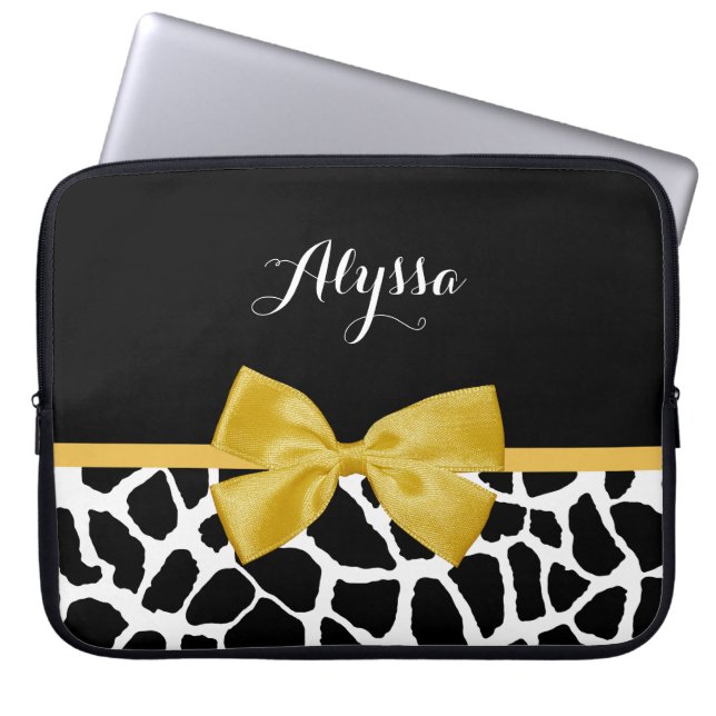 Trendy Giraffe print Golden Yellow Bow met naam Laptop Sleeve (Voorkant)