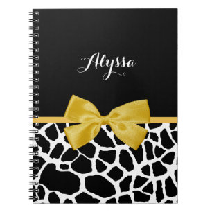 Trendy Giraffe print Golden Yellow Bow met naam Notitieboek