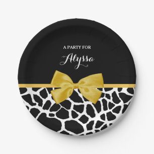 Trendy Giraffe print Golden Yellow Bow met naam Papieren Bordje