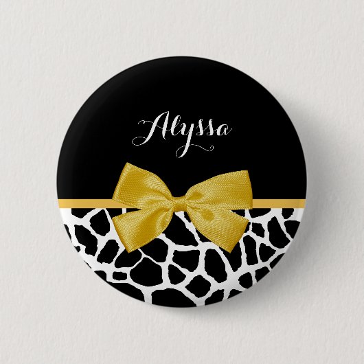 Trendy Giraffe print Golden Yellow Bow met naam Ronde Button 5,7 Cm (Voorkant)