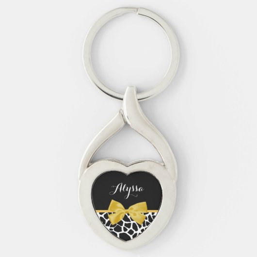 Trendy Giraffe print Golden Yellow Bow met naam Sleutelhanger (Voorkant)