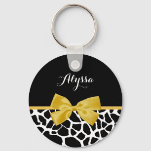 Trendy Giraffe print Golden Yellow Bow met naam Sleutelhanger