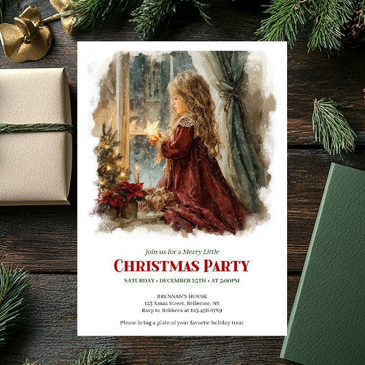 Trendy girl awaits Santa digital Christmas invite Kaart