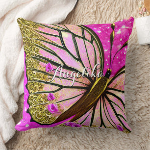 Trendy Girl Pink and Gold Butterfly Custom Name Kussen