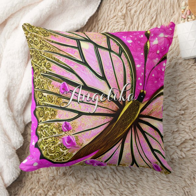 Trendy Girl Pink and Gold Butterfly Custom Name Kussen (Deken)