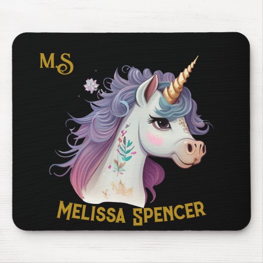 Trendy Girls' Elegant Black Magical Unicorn Name Muismat (Voorkant)