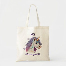 Trendy Girls' Elegant Paars Magical Unicorn Name Tote Bag