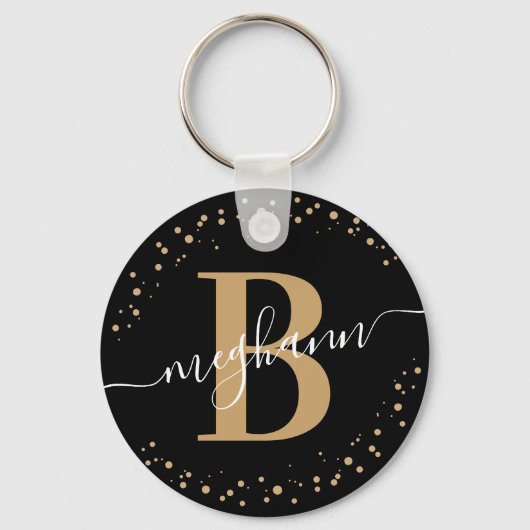 Trendy Girly Black Gold Name Script Monogramed Sleutelhanger (Voorkant)