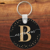 Trendy Girly Black Gold Name Script Monogramed Sleutelhanger (Voorkant)