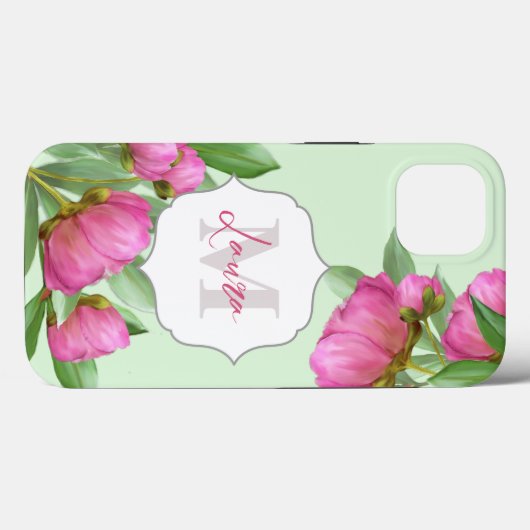 Trendy Girly Floral Peony Monogrammed Case-Mate iPhone Case (Achterkant (horizontaal))