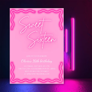 Trendy Girly Neon Pink Sweet 16 Verjaardagsfeestje Kaart