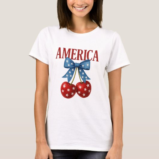 Trendy Girly Patriotic Cherries "AMERICA" T-shirt (Voorkant)
