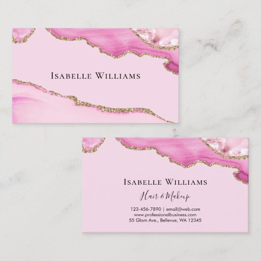 Trendy Girly Pink Agate Marble Glitter Visitekaartje (Voorkant / Achterkant)