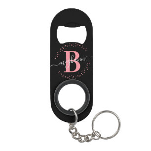 Trendy Girly Pink Black Name Script Monogramed Mini Flessenopener