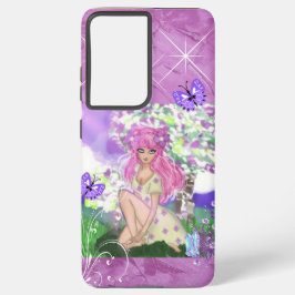 Trendy Girly Pink Hair Girl Fairy Sitting S21 Ultr Samsung Galaxy Hoesje