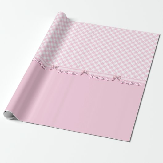 Trendy Girly Pink Plaid Checkerboard Patroon & Bow Cadeaupapier (Uitgerold)