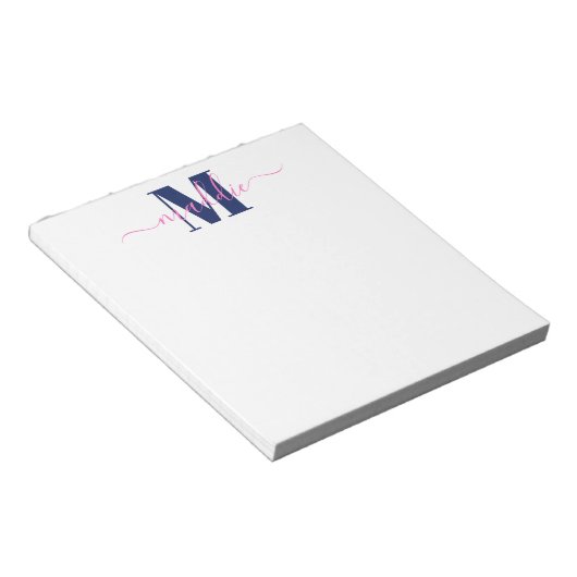 Trendy Girly Script Monogram, blauw en roze Notitieblok (Schuin)