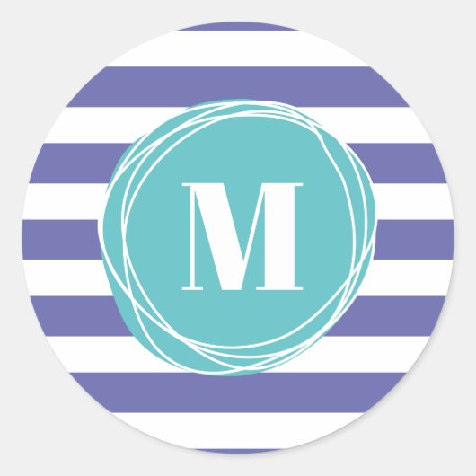 Trendy Girly Stripes Monogram Ronde Sticker (Voorkant)