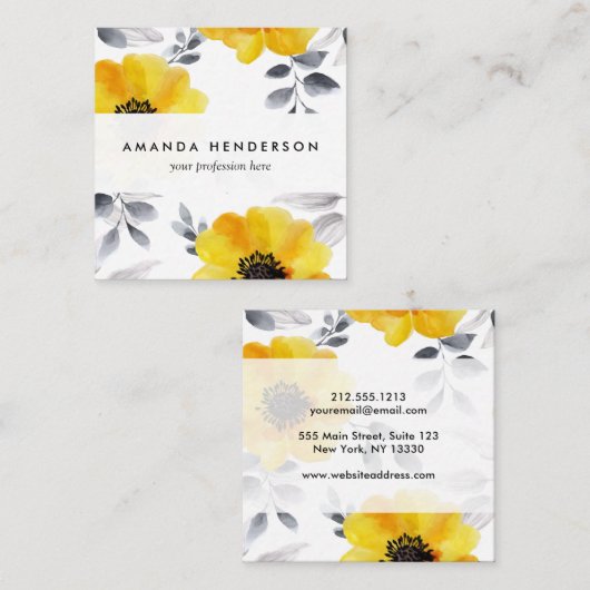 Trendy Girly Yellow Flowers Pattern Vierkante Visitekaartje (Voorkant / Achterkant)