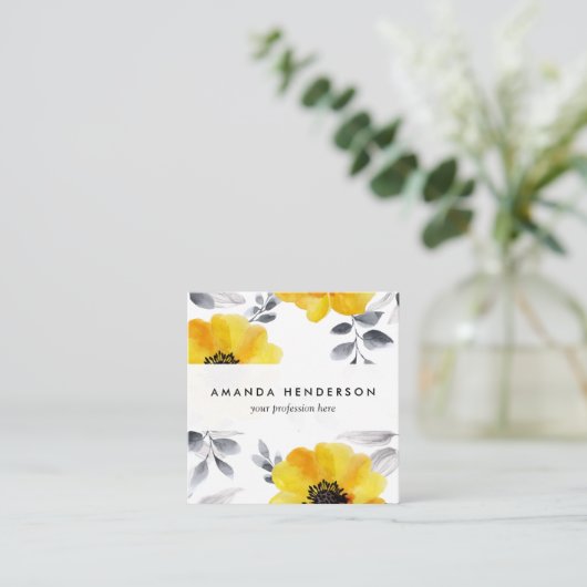 Trendy Girly Yellow Flowers Pattern Vierkante Visitekaartje (Staand voorkant)