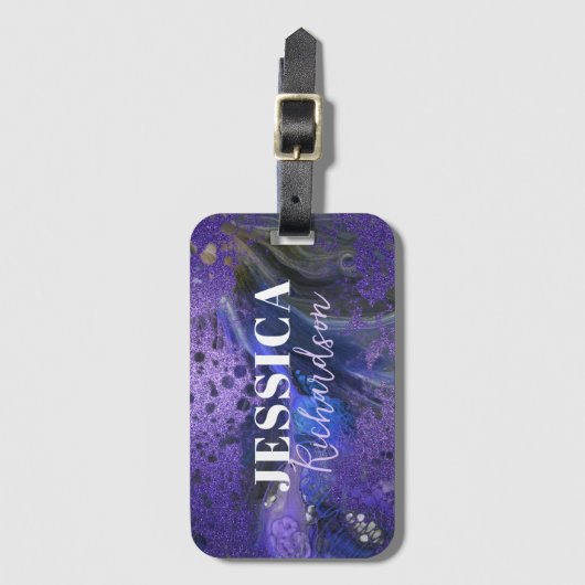 Trendy Glam Abstracte Paarse Glitter Marmeren Verf Bagagelabel (Voorkant (verticaal))