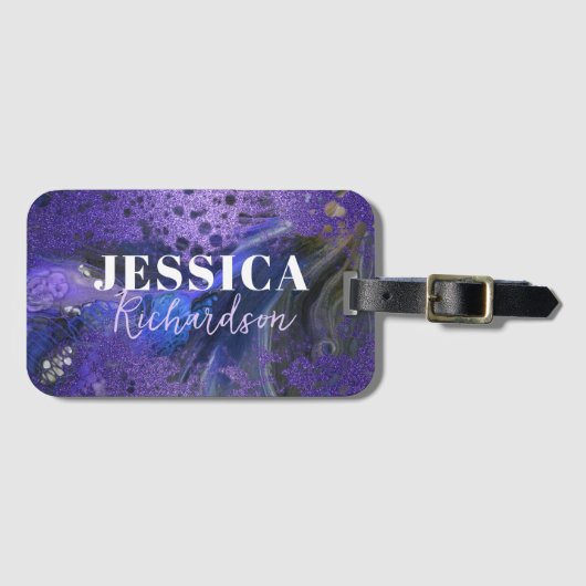 Trendy Glam Abstracte Paarse Glitter Marmeren Verf Bagagelabel (Voorkant (horizontaal))