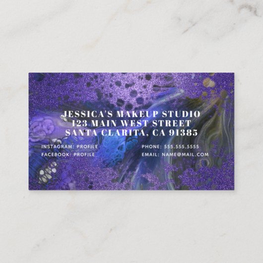 Trendy Glam Abstracte Paarse Glitter Marmeren Verf Visitekaartje (Achterkant)