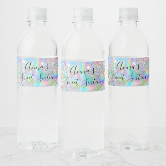 Trendy Glam Faux Holographic Rainbow Sweet 16 Waterfles Etiket (Flessen)