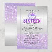 Trendy Glitter Bokeh Ombre, Tiara, Sweet 16 Party Kaart (Voorkant / Achterkant)