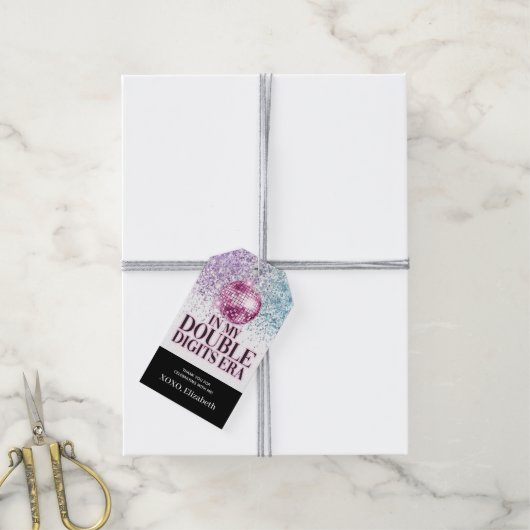 Trendy Glitter Disco Dubbele Cijfers Era Papier Cadeaulabel (Met Touw)