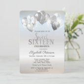 Trendy Glitter Drips Balloons Silver Sweet 16 Kaart (Staand voorkant)