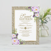 Trendy Glitter Gold Floral Sweet 16 Party Kaart (Staand voorkant)