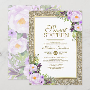 Trendy Glitter Gold Floral Sweet 16 Party Kaart