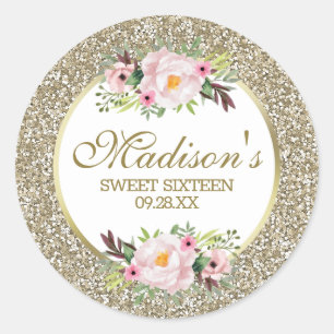 Trendy Glitter Goud Bloem Zoete 16 Ronde Sticker