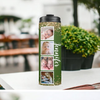 Trendy glitter groene fotonaam Thermal Tumbler Thermosbeker