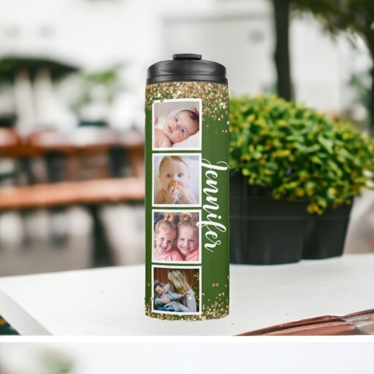 Trendy glitter groene fotonaam Thermal Tumbler Thermosbeker