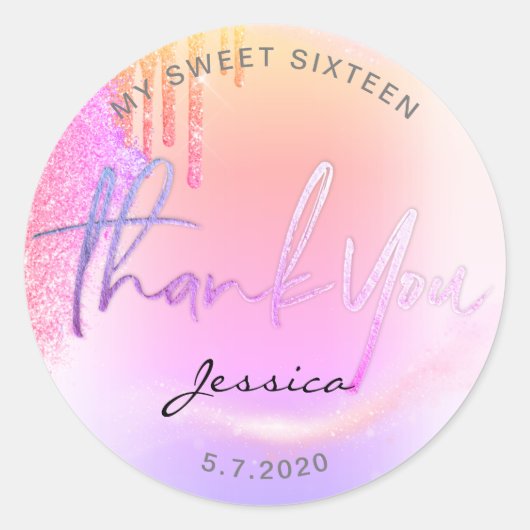 Trendy Glitter Holografische druppels Bedankt Ronde Sticker (Voorkant)