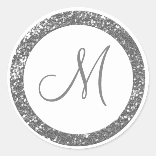Trendy Glitter Monogram Stickers: Silver Grey Ronde Sticker (Voorkant)