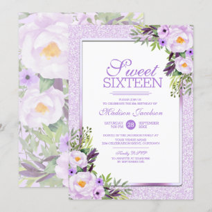Trendy Glitter Paarse Floral Sweet 16 Party Kaart