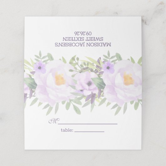 Trendy Glitter Paarse Floral Sweet 16 Party Plaatskaartje (Buitenkant ongevouwen)