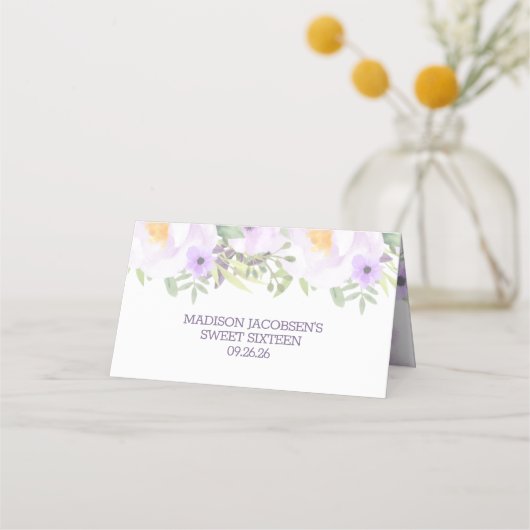 Trendy Glitter Paarse Floral Sweet 16 Party Plaatskaartje (Achterkant)