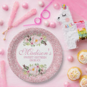 Trendy Glitter Pink Floral Sweet 16 Papieren Bordje (Feest)