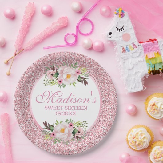 Trendy Glitter Pink Floral Sweet 16 Papieren Bordje (Feest)