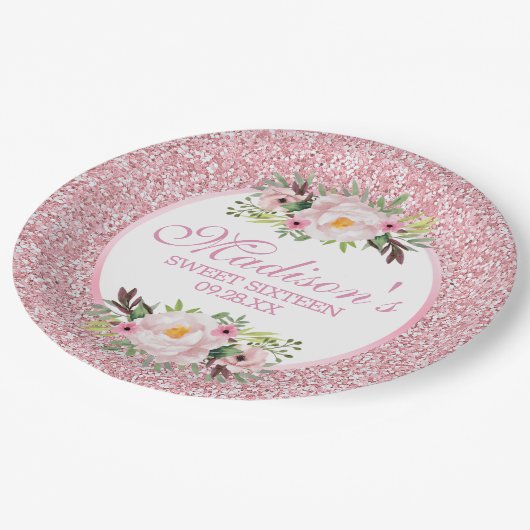 Trendy Glitter Pink Floral Sweet 16 Papieren Bordje (Gekanteld)
