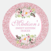 Trendy Glitter Pink Floral Sweet 16 Ronde Sticker (Voorkant)