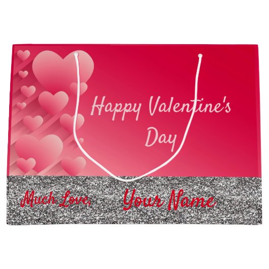 Trendy Glitter Pink Hearts Valentijn Name Gift Bag Groot Cadeauzakje (Voorkant)