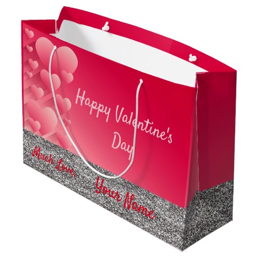 Trendy Glitter Pink Hearts Valentijn Name Gift Bag Groot Cadeauzakje (Achterkant Gekanteld)