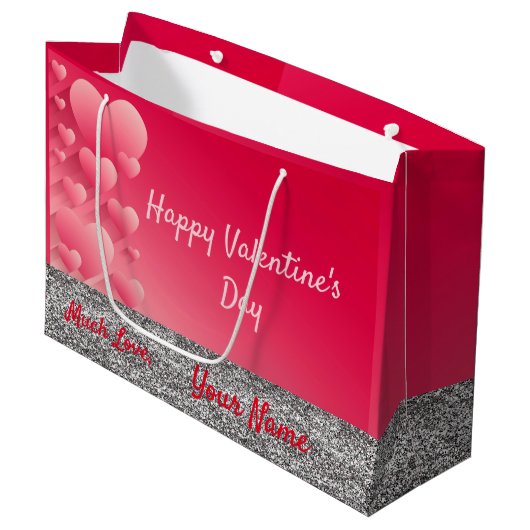 Trendy Glitter Pink Hearts Valentijn Name Gift Bag Groot Cadeauzakje (Voorkant Gekanteld)