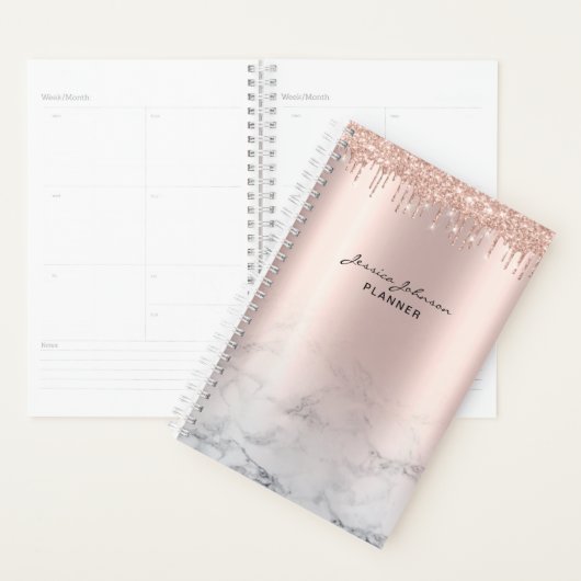 Trendy Glitter Roos gold druppelt marmer script Planner (Display)