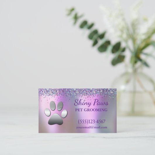 Trendy Glitter Shimmer Dog Paw Grooming Service Visitekaartje (Staand voorkant)